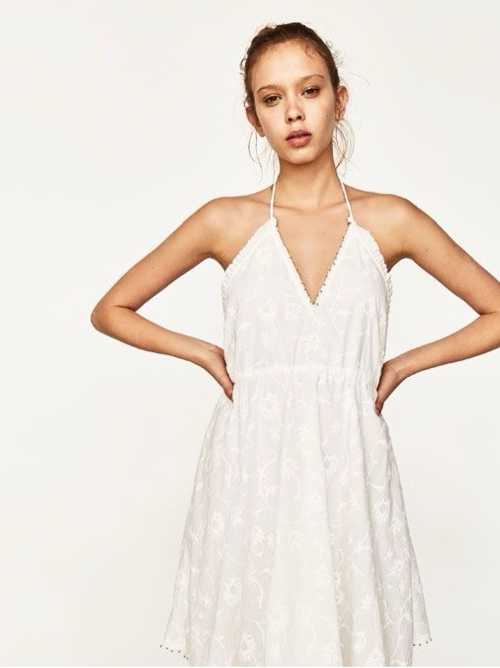 Zara White Embroidered Halter Mini Dress Double Lined Tassel Tie XS - Picture 5 of 10